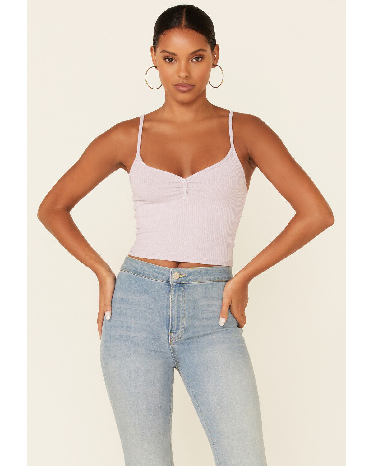 Image #1 - Wild Moss Women's Rib Knit V-Neck Crop Cami, Lavender, hi-res