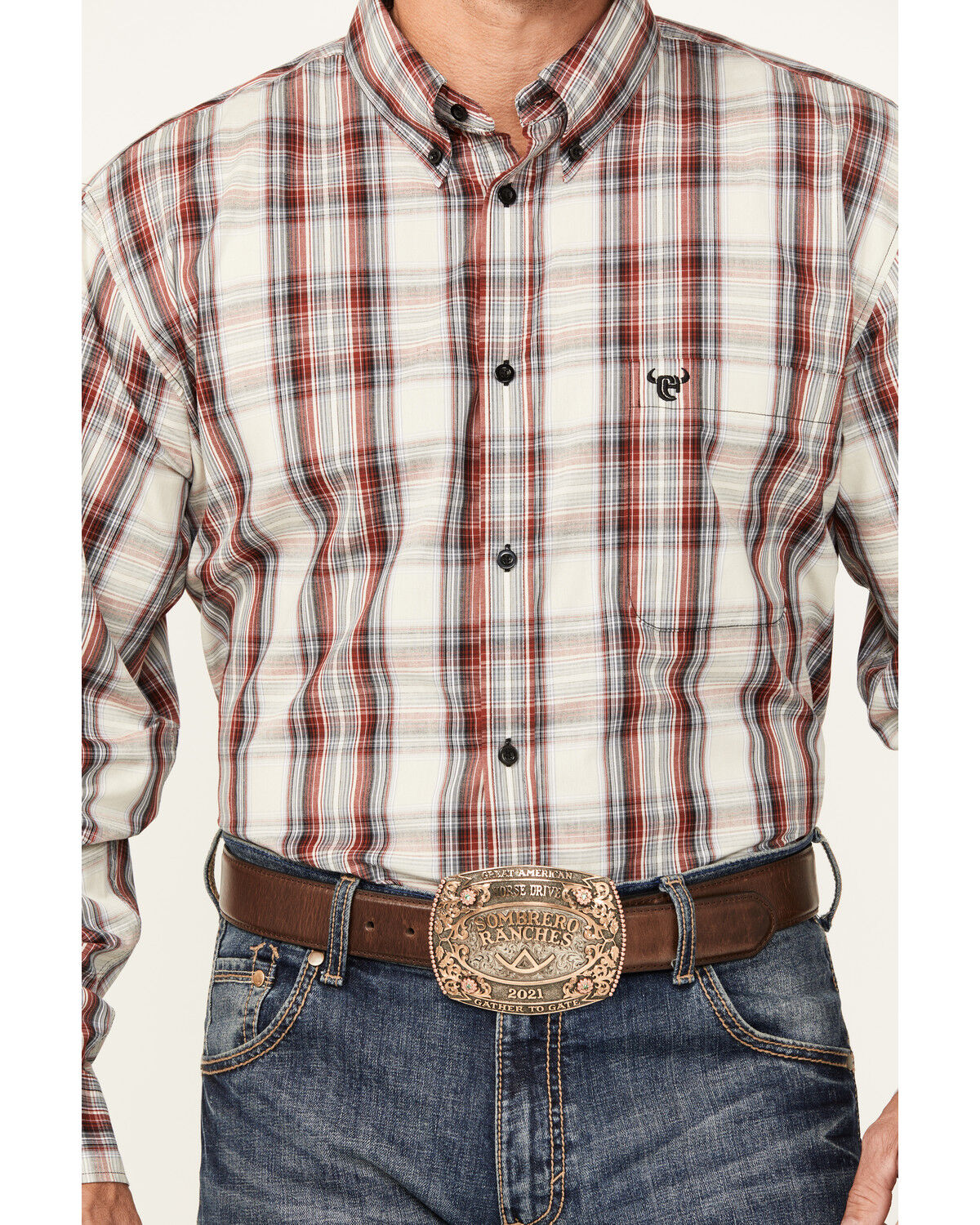Image #3 - Cowboy Hardware Men's Dutton Plaid Print Long Sleeve Button-Down Western Shirt, Cream, hi-res