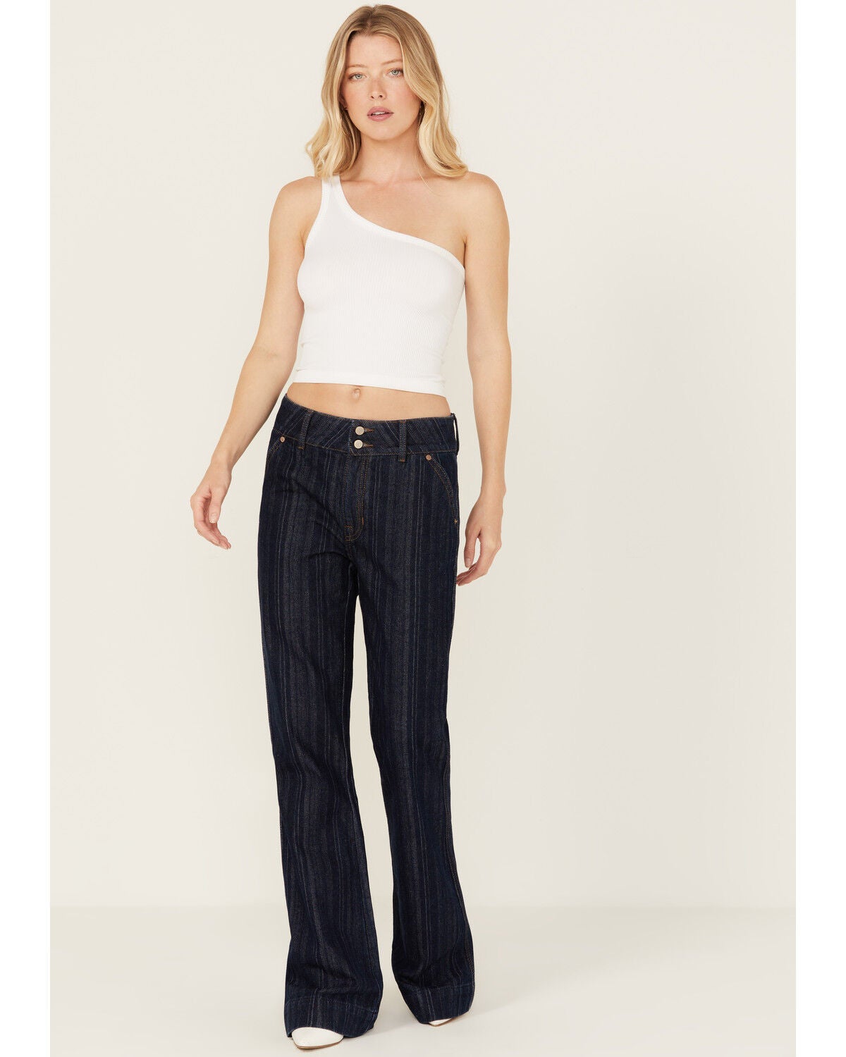 Image #1 - Rock & Roll Denim Women's Dark Wash High Rise Striped Jacquard Trouser Jeans, Dark Wash, hi-res