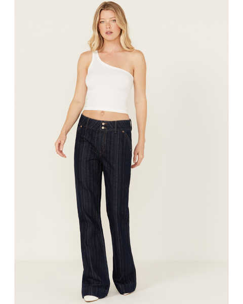 Rock & Roll Denim Women's Dark Wash High Rise Striped Jacquard Trouser Jeans , Dark Wash, hi-res