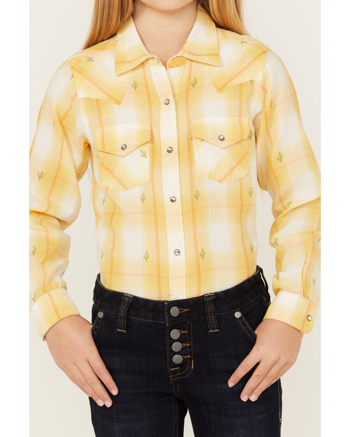 Image #3 - Ariat Girls' Glenrock Cactus Plaid Print Long Sleeve Rhinestone Snap Western Shirt, Yellow, hi-res