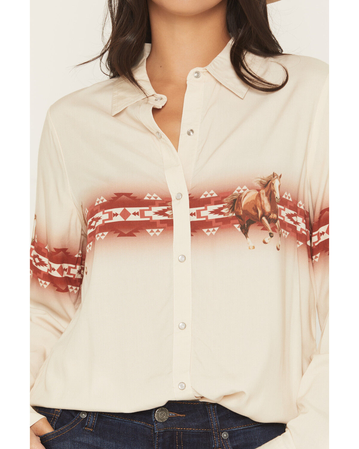 Image #3 - Rock & Roll Denim Women's Running Horse Border Print Oversized Long Sleeve Pearl Snap Western Shirt, Beige, hi-res