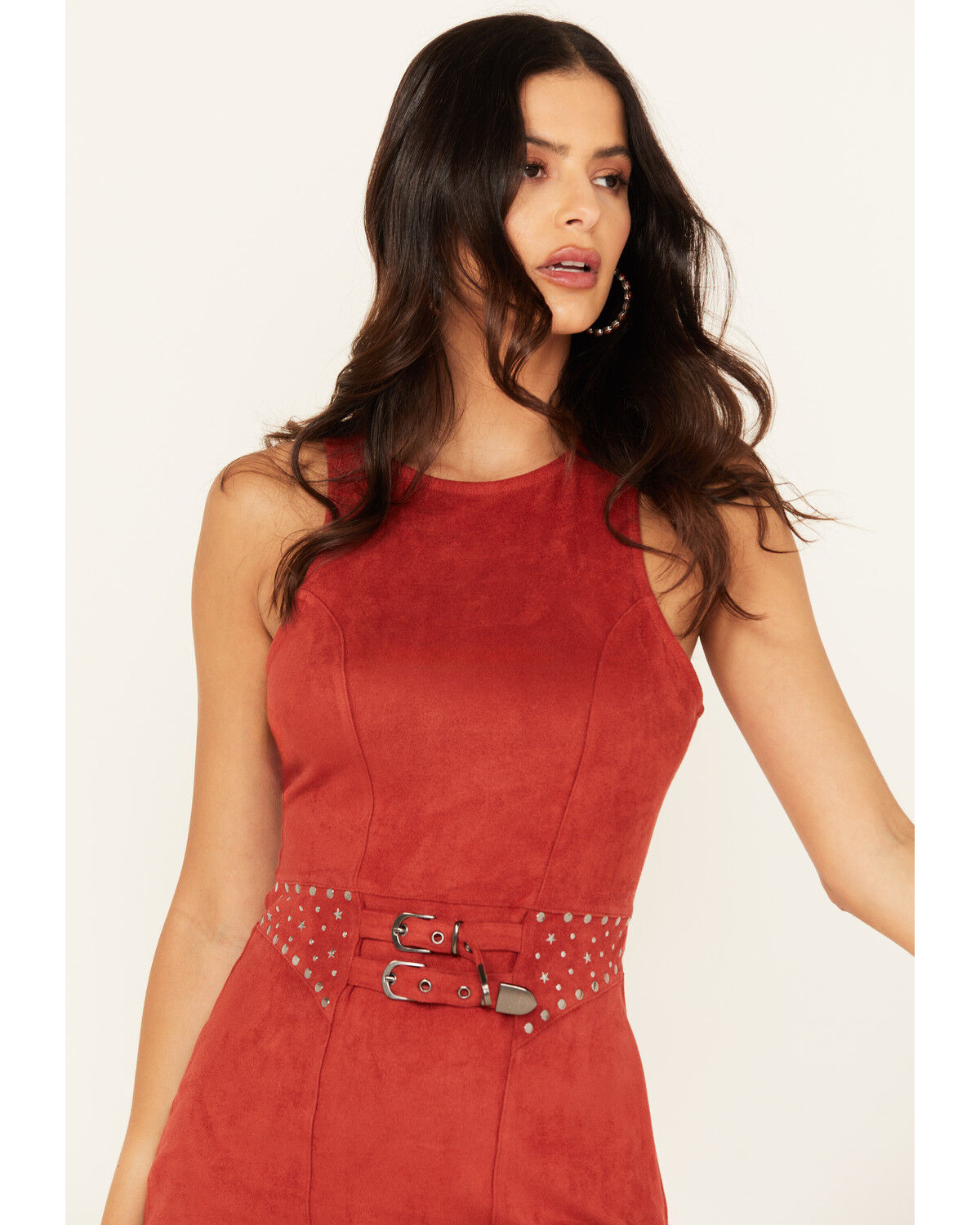 Image #2 - Rock & Roll Denim Women's Faux Suede Fringe Belted Mini Dress, Rust Copper, hi-res