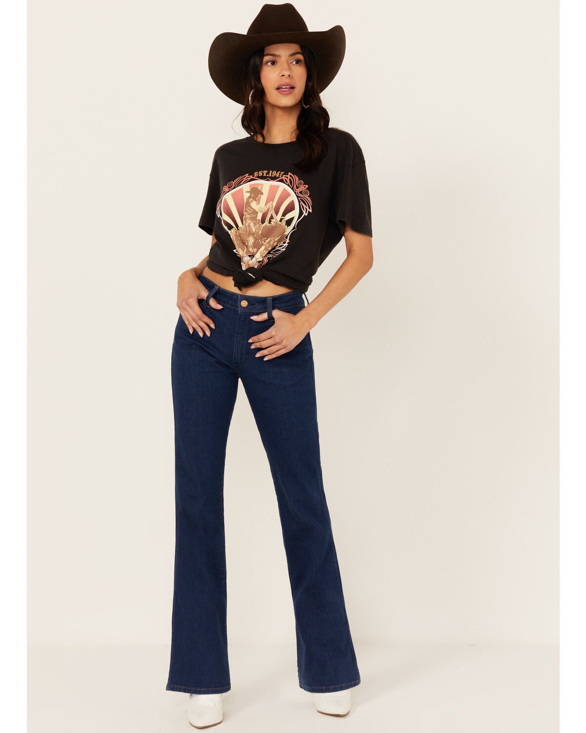 Wrangler Women's Dark Westward Mid Rise Bootcut Denim Stretch Jeans, Dark Wash, hi-res