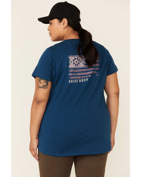 Ariat Women's Rebar Strong Retro Southwestern Flag Back Logo Short Sleeve Work T-Shirt - Plus, Blue, hi-res