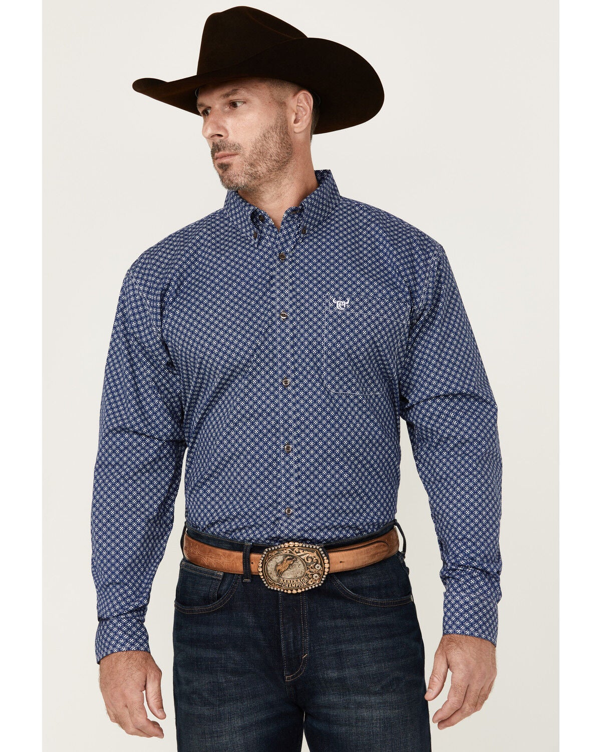 Cowboy Hardware Men's Cross Floral Print Long Sleeve Button-Down Stretch Western Shirt, Navy, hi-res