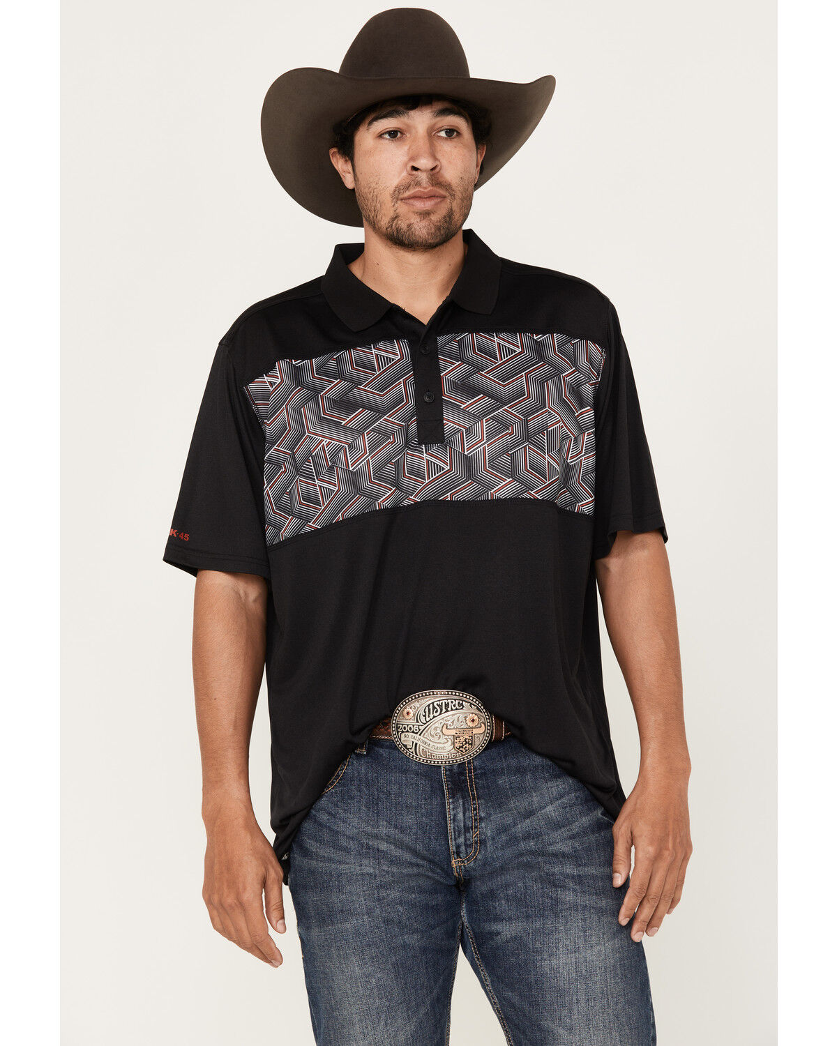 Image #1 - RANK 45® Men's Linear Geo Print Short Sleeve Polo Shirt, Black, hi-res