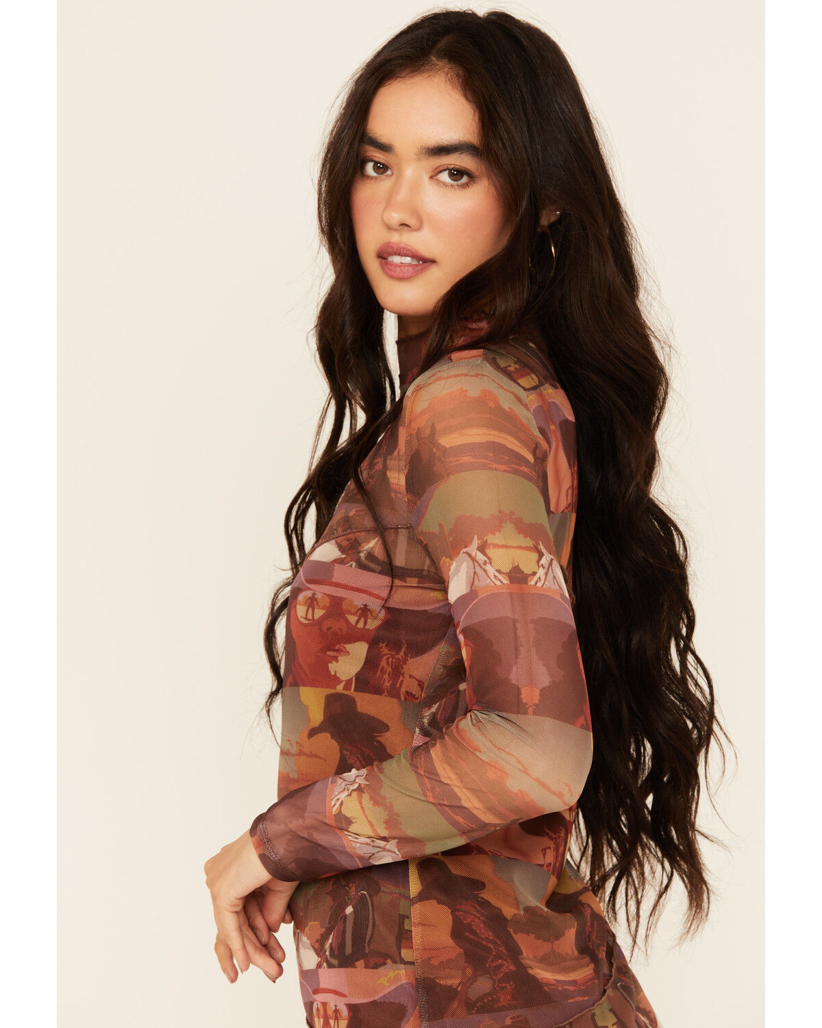 Image #2 - Rock & Roll Denim Women's Boot Barn Exclusive Mesh Desert Print Long Sleeve Mini Dress, Brown, hi-res