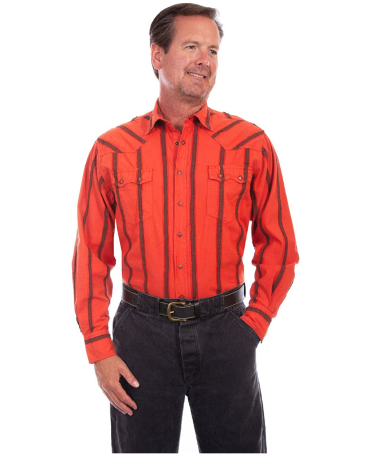Image #1 - Scully Men's Striped Print Long Sleeve Snap Western Shirt, Red, hi-res