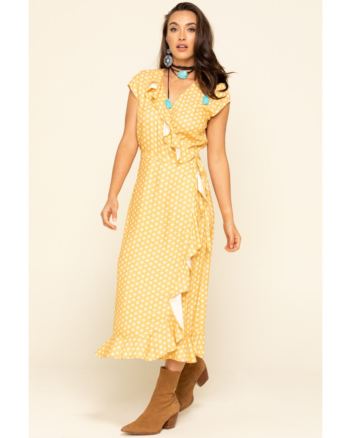 womens yellow wrap dress