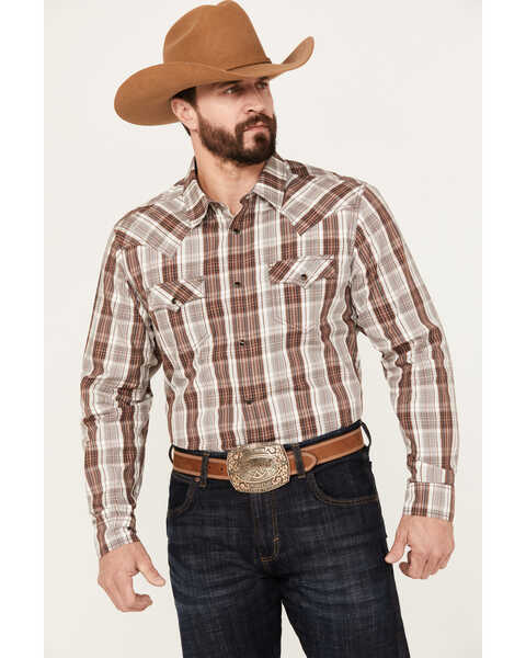 Image #1 - Cody James Men's Day Trip Plaid Print Long Sleeve Western Snap Shirt - Tall, Brown, hi-res