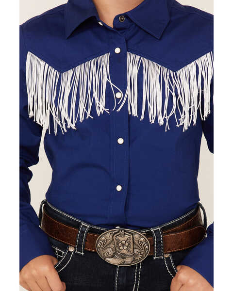 Image #2 - Shyanne Girls' Fringe Long Sleeve Western Snap Shirt, Royal Blue, hi-res