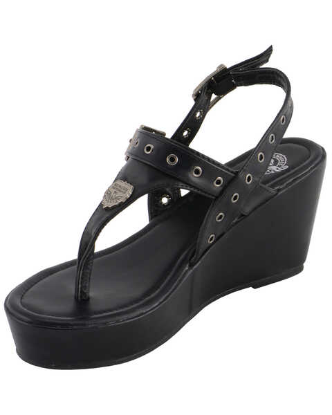 Image #2 - Milwaukee Leather Women's Buckle Strap Wedge Sandals, Black, hi-res