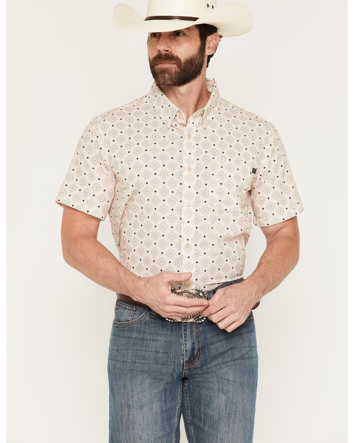Rock & Roll Denim Men's TEK Medallion Print Short Sleeve Button-Down Performance Western Shirt, Natural, hi-res