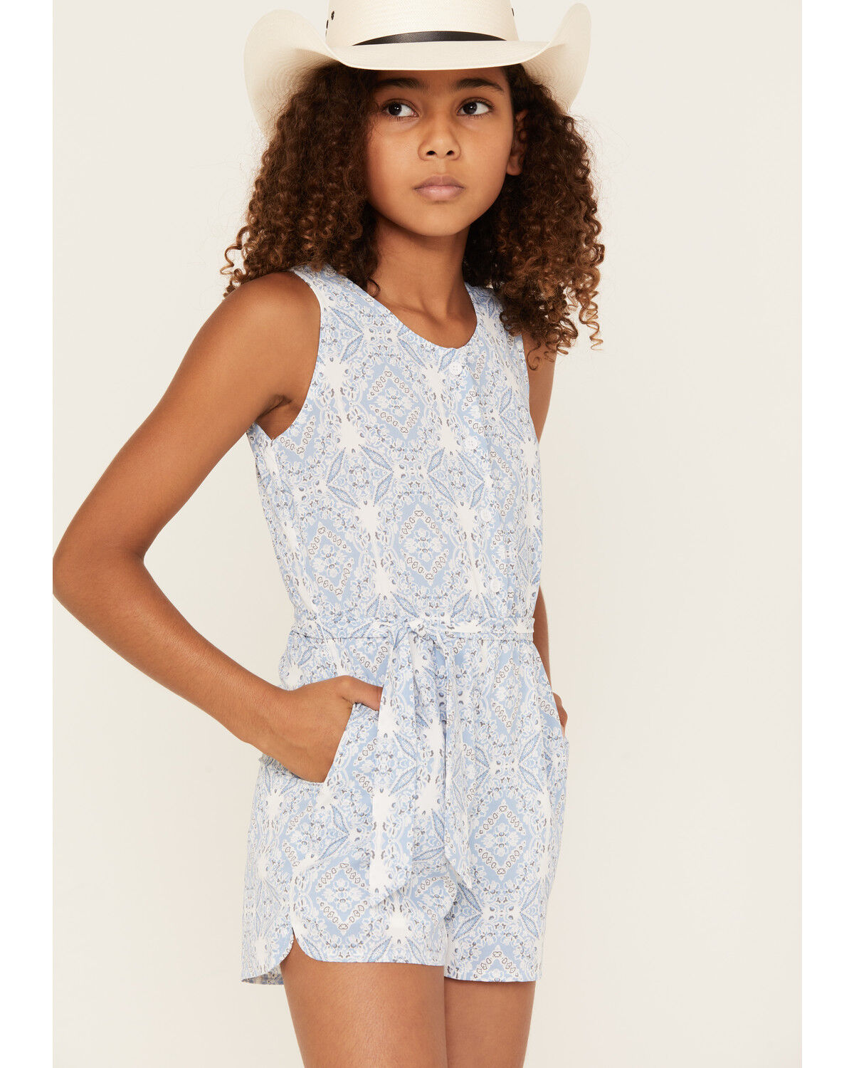Image #2 - Hayden LA Girls' Print Sleeveless Waist Tie Romper, Blue, hi-res