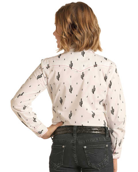 Image #2 - Panhandle Girls' Cactus Print Long Sleeve Pearl Snap Western Shirt , White, hi-res