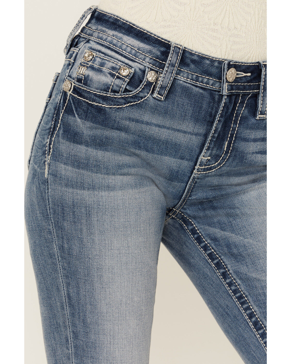 Image #4 - Miss Me Women's Medium Wash Mid Rise Americana Pocket Bootcut Stretch Denim Jeans, Medium Wash, hi-res