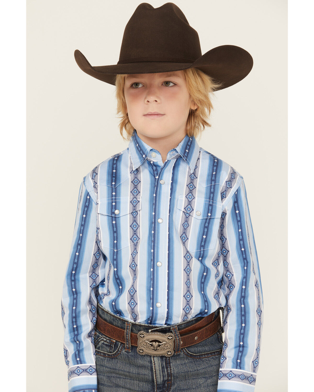 Image #1 - Wrangler Boys' Checotah Southwestern Striped Print Long Sleeve Snap Western Shirt, Blue, hi-res