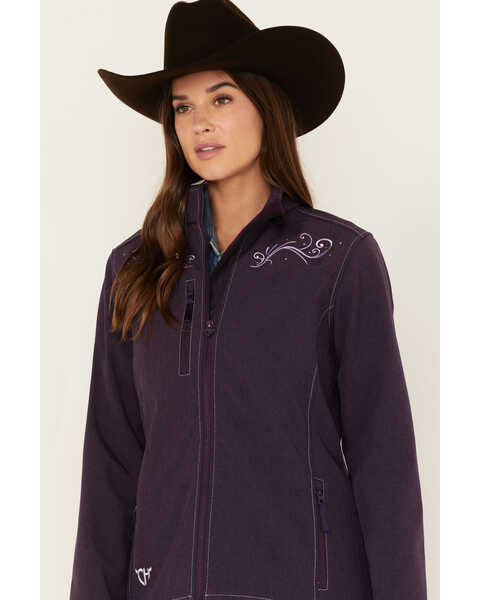 Image #2 - Cowgirl Hardware Women's Filigree Embroidered Emblem Softshell Jacket, Purple, hi-res