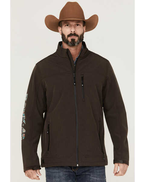 Image #1 - RANK 45® Men's Rodeo Southwestern Logo Sleeve Zip-Front Softshell Jacket , Brown, hi-res