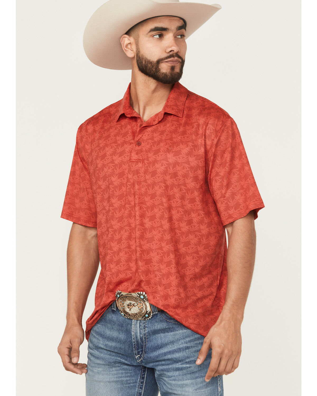 Image #1 - Ariat Men's 360 Airflow Printed Short Sleeve Button-Down Polo Shirt, Red, hi-res