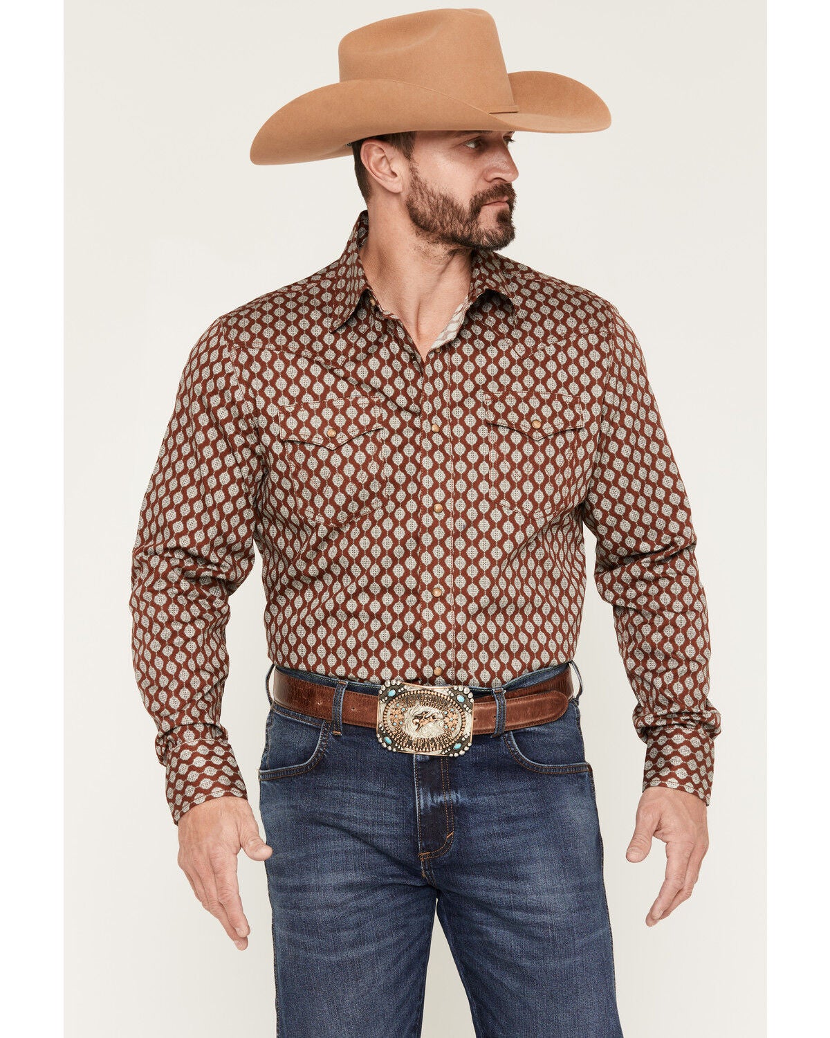 Image #1 - Wrangler Retro Men's Geo Print Long Sleeve Snap Western Shirt, Rust Copper, hi-res