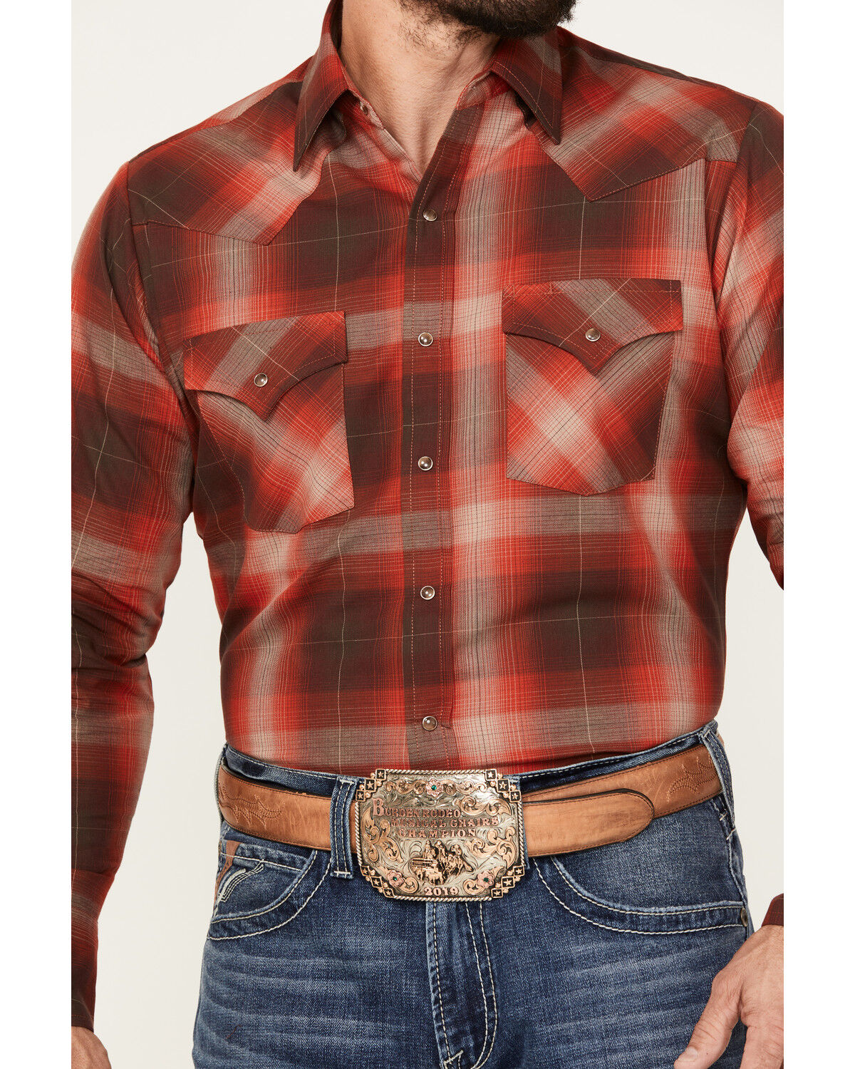 Image #3 - Ely Walker Men's Plaid Print Long Sleeve Snap Western Shirt, Rust Copper, hi-res
