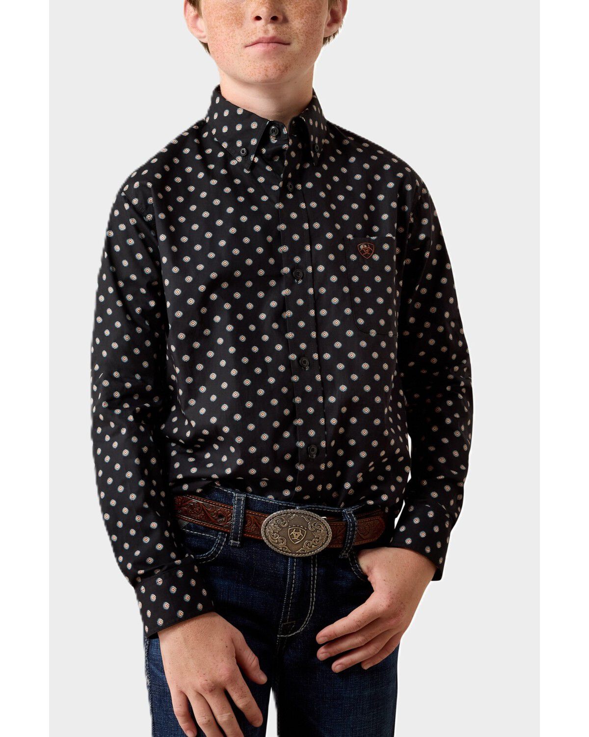 Ariat Boys' Larsen Geo Print Long Sleeve Button-Down Western Shirt, Black, hi-res