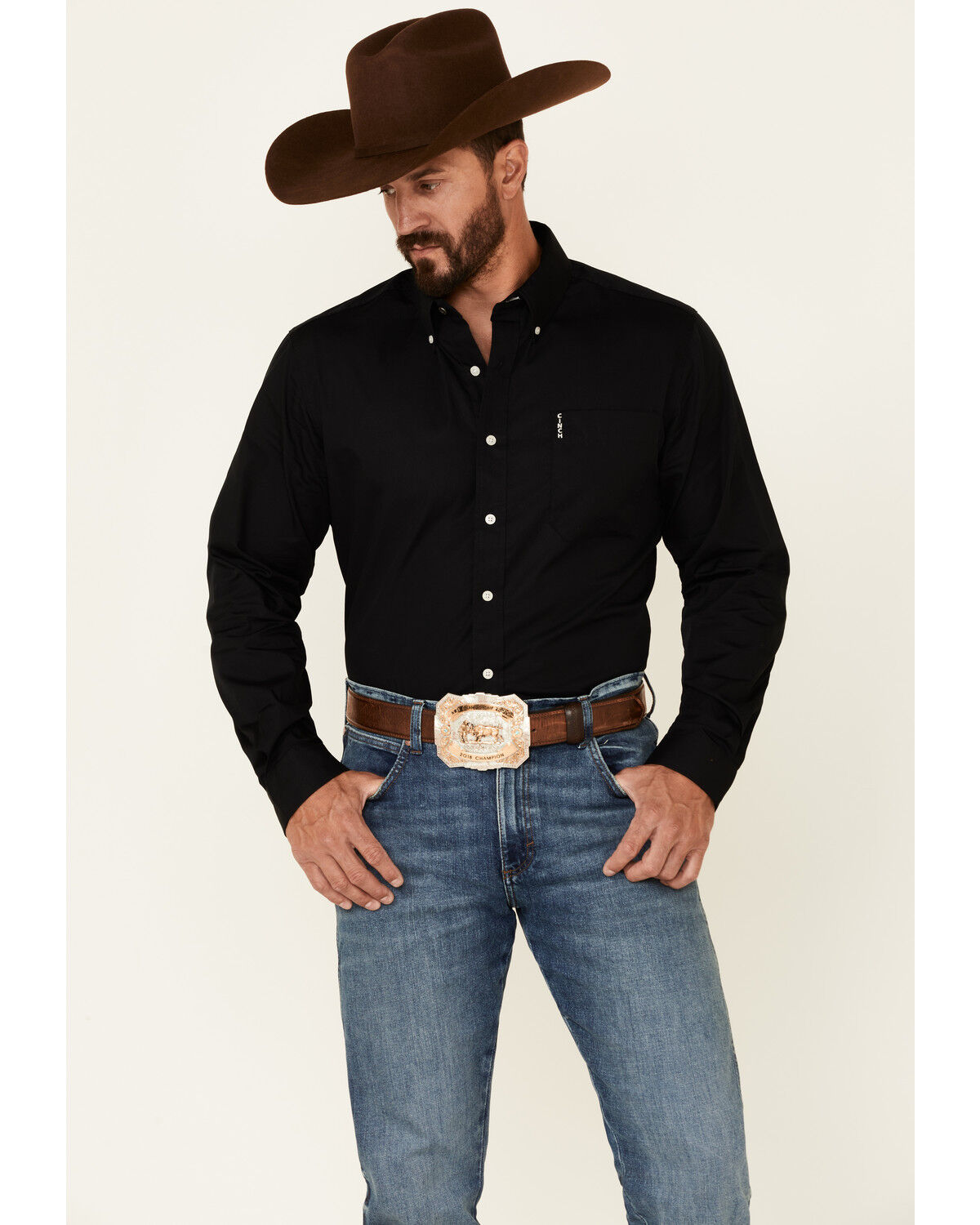 Image #1 - Cinch Men's Modern Fit Solid Long Sleeve Button-Down Western Shirt, Black, hi-res