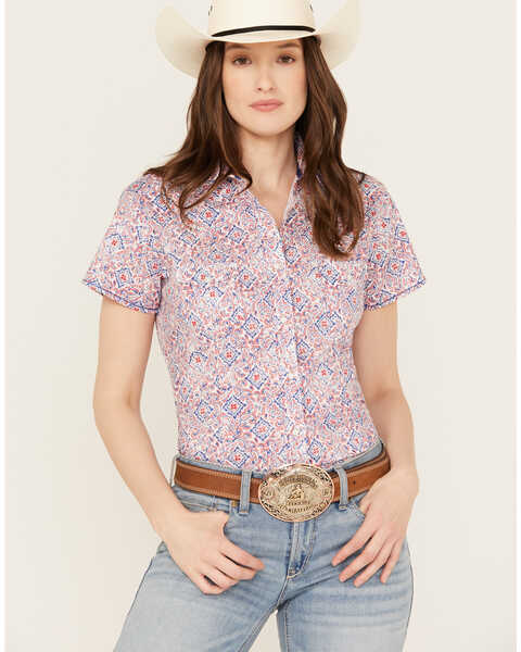 Rough Stock by Panhandle Women's Paisley Print Stretch Short Sleeve Western Pearl Snap Shirt, Multi, hi-res