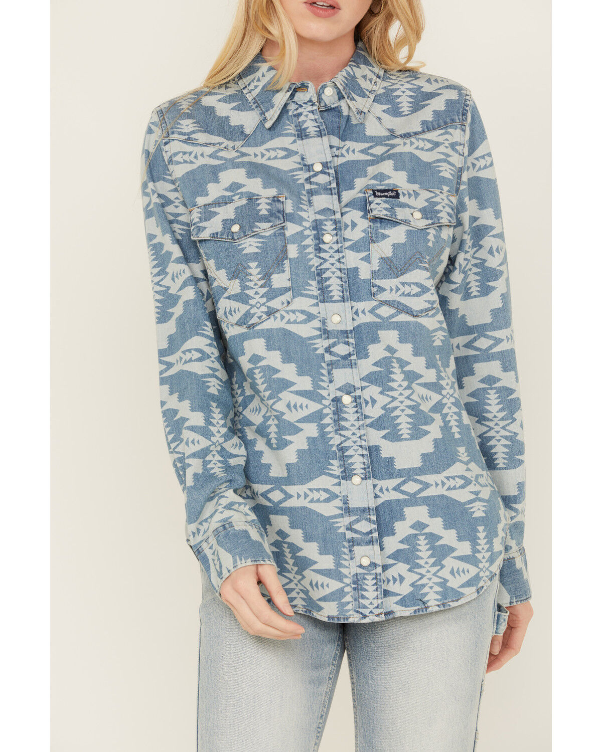 Image #3 - Wrangler Retro Women's Southwestern Print Long Sleeve Pearl Snap Denim Western Shirt, Blue, hi-res