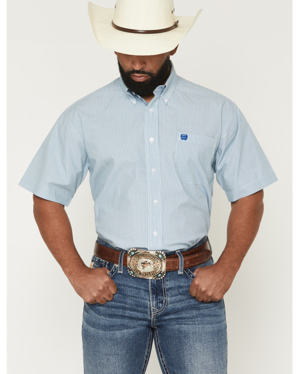 Cinch Men's Micro Plaid Print Short Sleeve Button-Down Western Shirt, White, hi-res