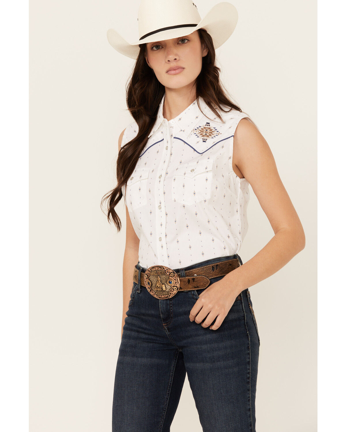 Image #1 - Ely Walker Women's Southwestern Print Sleeveless Pearl Snap Western Shirt, White, hi-res