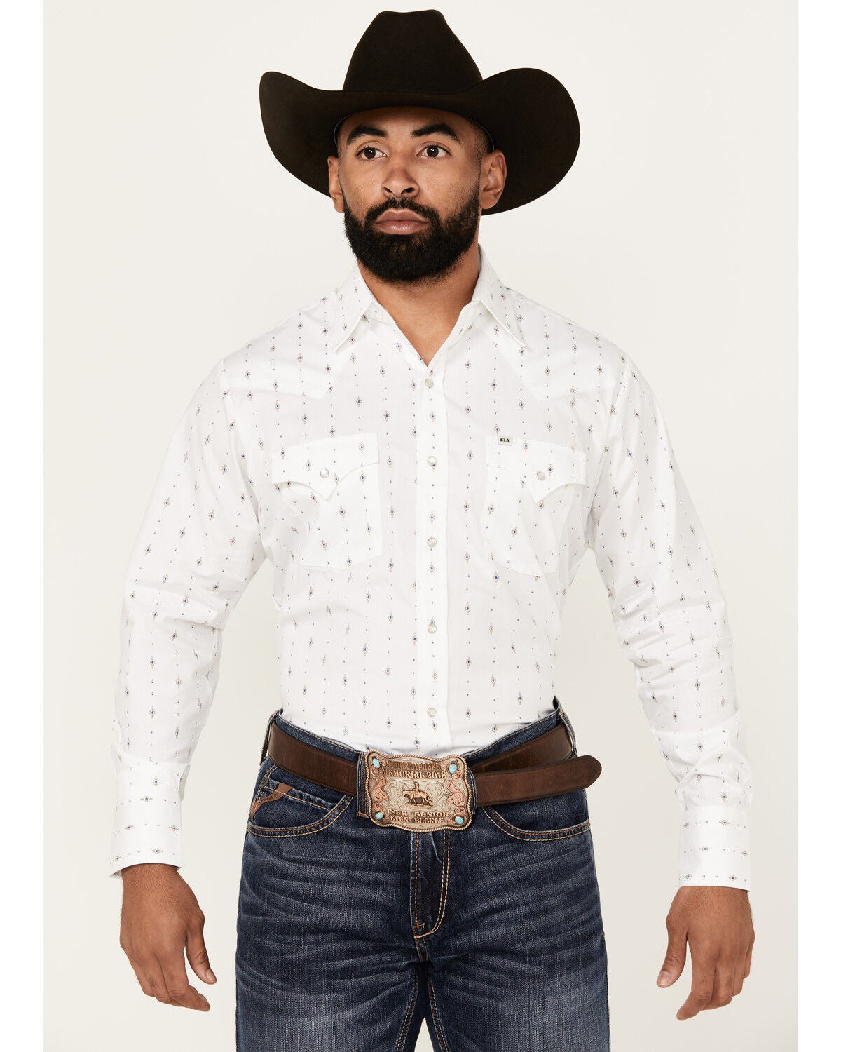 Ely Walker Men's Diamond Southwestern Print Long Sleeve Snap Western Shirt, White, hi-res