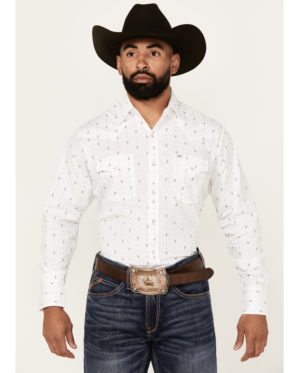 Image #1 - Ely Walker Men's Diamond Southwestern Print Long Sleeve Snap Western Shirt, White, hi-res