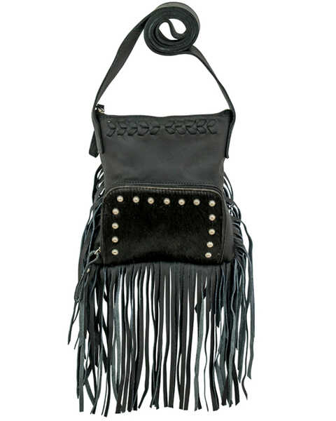 American West Women's Hair-On Fringe Handbag, Black, hi-res