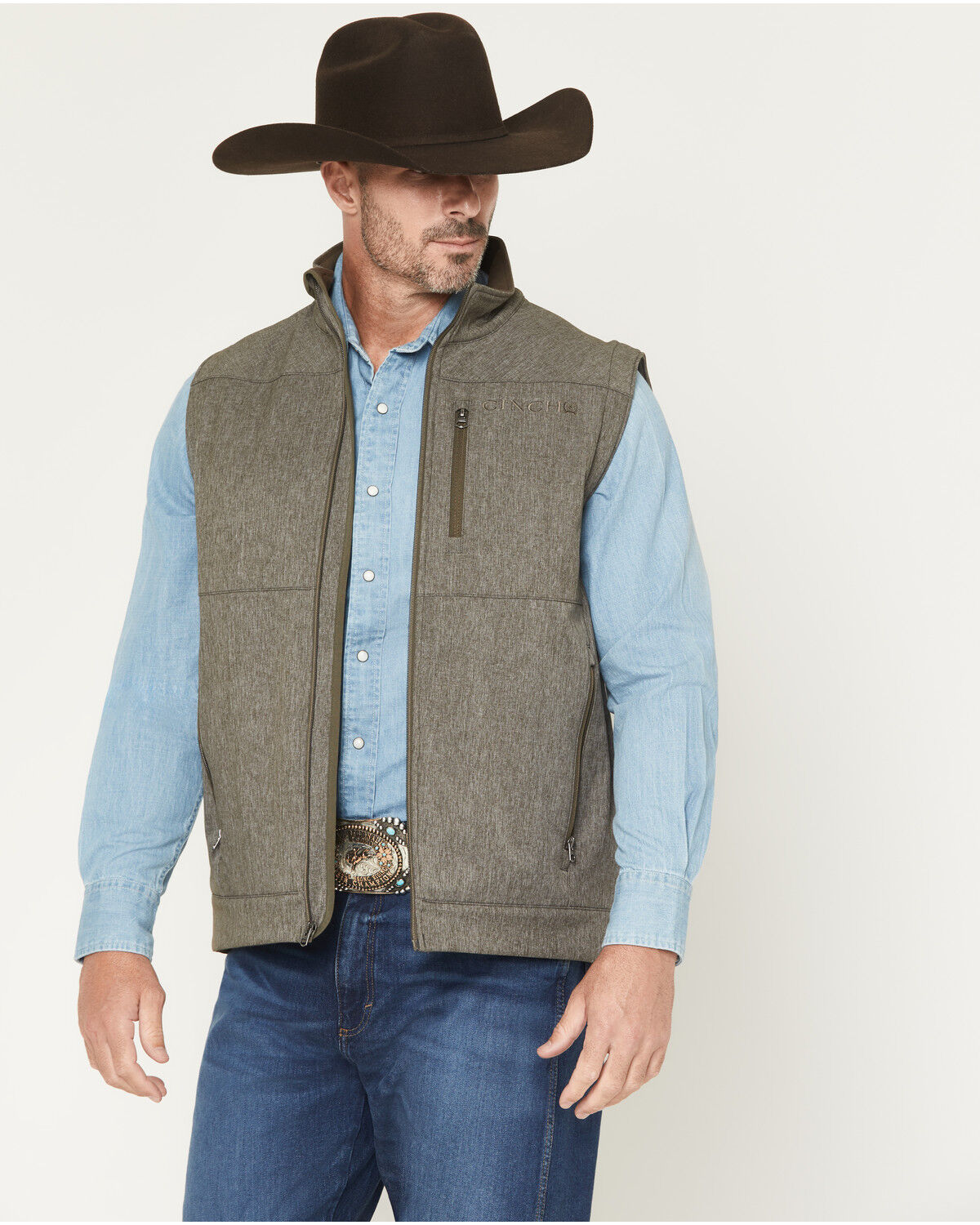 Image #2 - Cinch Men's Bonded Concealed Carry Softshell Vest, Olive, hi-res