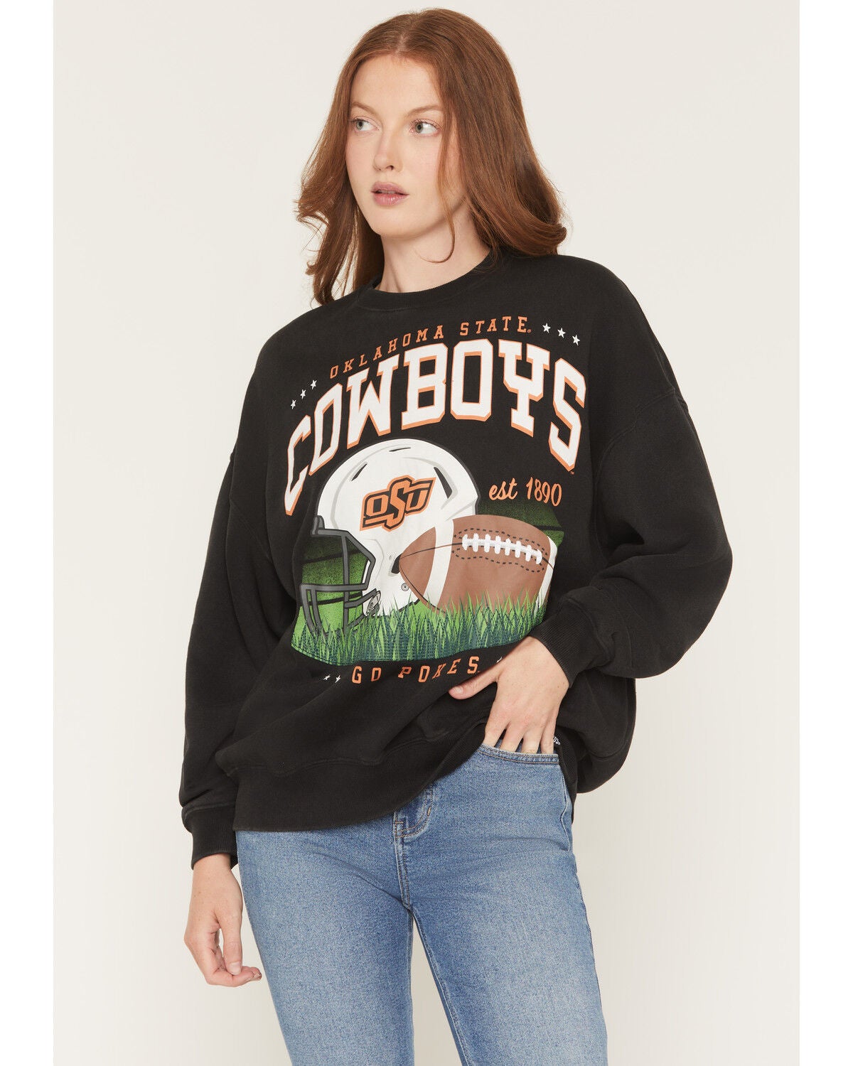 Gameday Women's Oklahoma State Cowboys Helmet Embroidered Graphic Crewneck, Black, hi-res