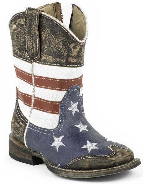 Image #1 - Roper Toddler Boys' American Flag Inside Zip Western Boots - Square Toe, Dark Brown, hi-res