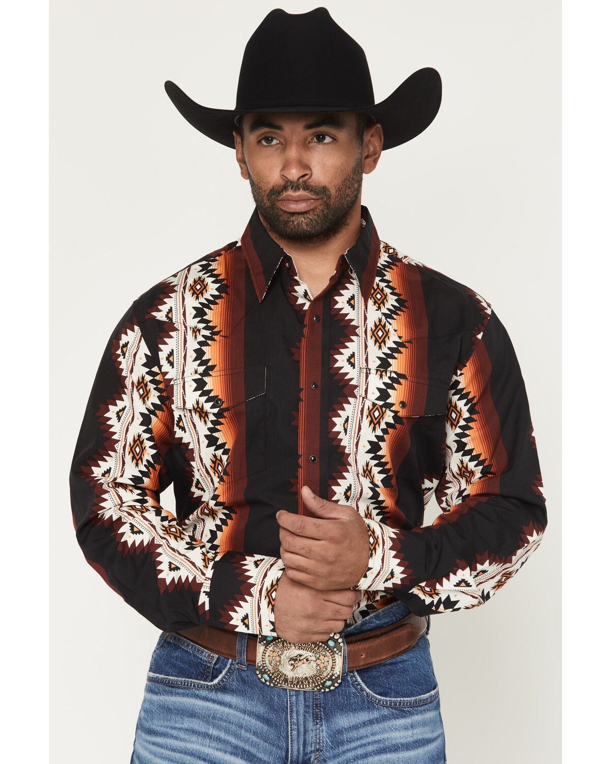 Image #1 - Wrangler Men's Checotah Southwestern Print Long Sleeve Snap Western Shirt - Tall, Black, hi-res