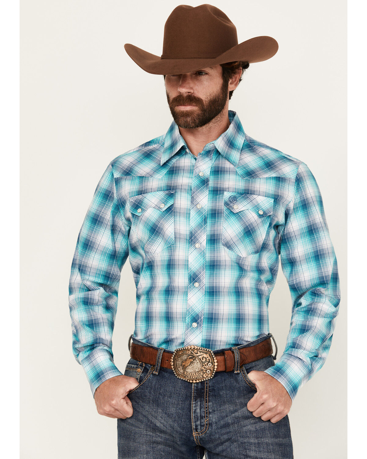 Image #1 - Wrangler Retro Men's Plaid Print Long Sleeve Snap Western Shirt, Turquoise, hi-res