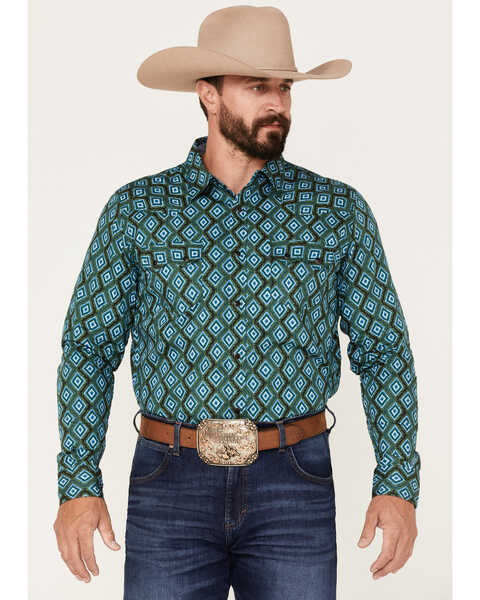 Image #1 - Cody James Men's Tavern Geo Print Long Sleeve Snap Western Shirt, Dark Green, hi-res