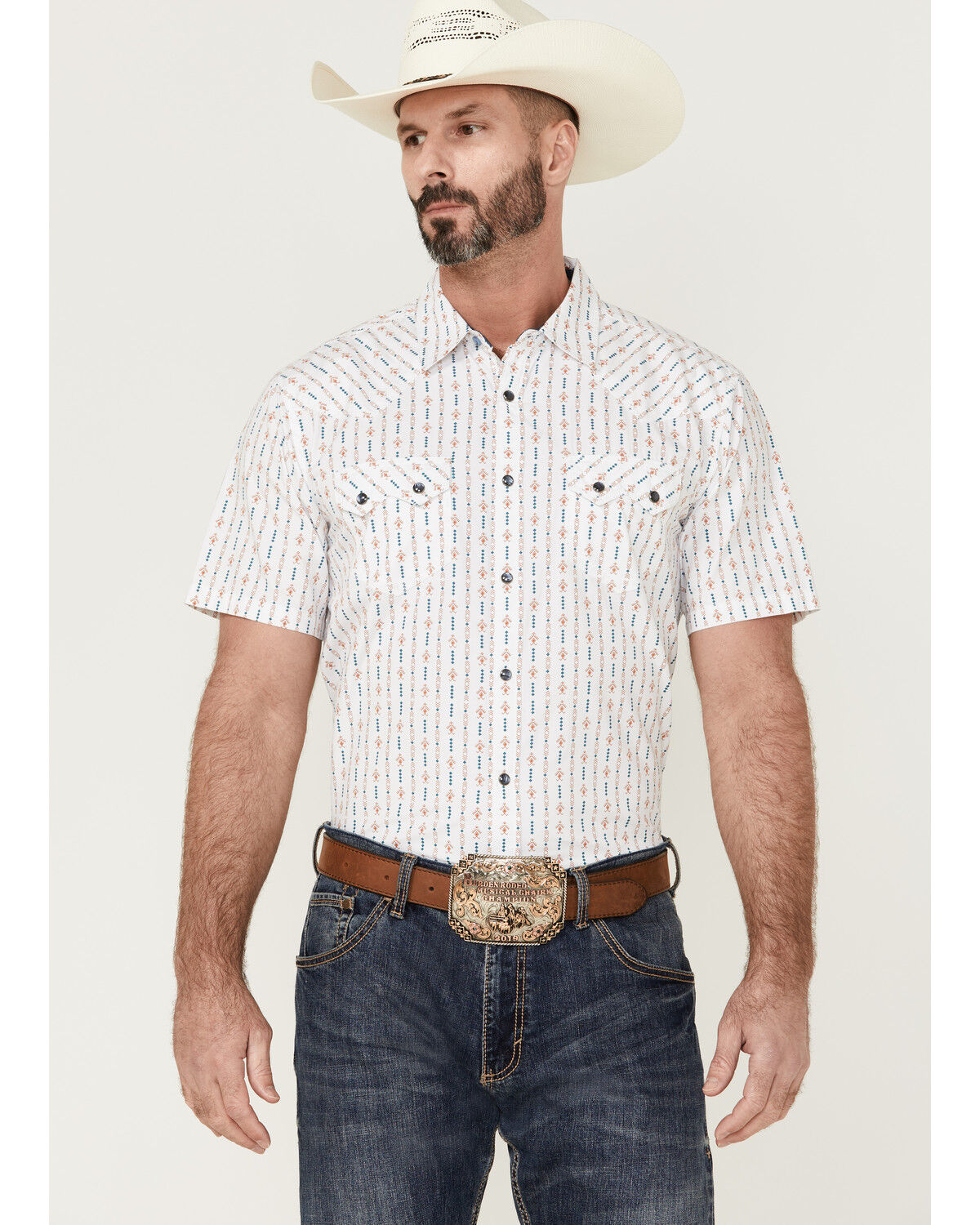 Image #1 - Moonshine Spirit Men's Cocopah Southwestern Print Short Sleeve Snap Western Shirt, White, hi-res