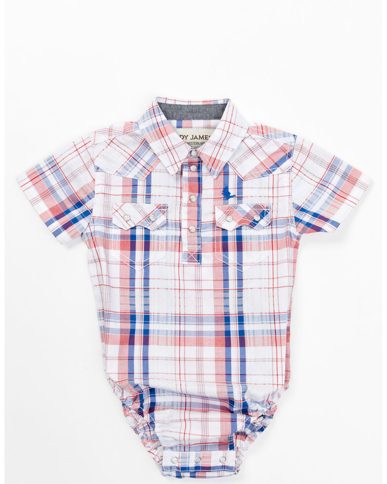 Cody James Infant-Boys' Plaid Print Short Sleeve Western Snap Onesie, White, hi-res