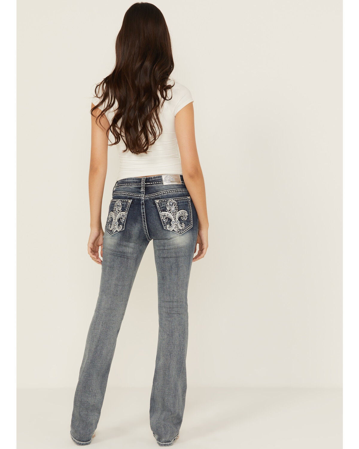 Grace In LA Women's Medium Wash Fleur De Lis Embroidered Mid Rise Bootcut Stretch Denim Jeans, Medium Wash, hi-res
