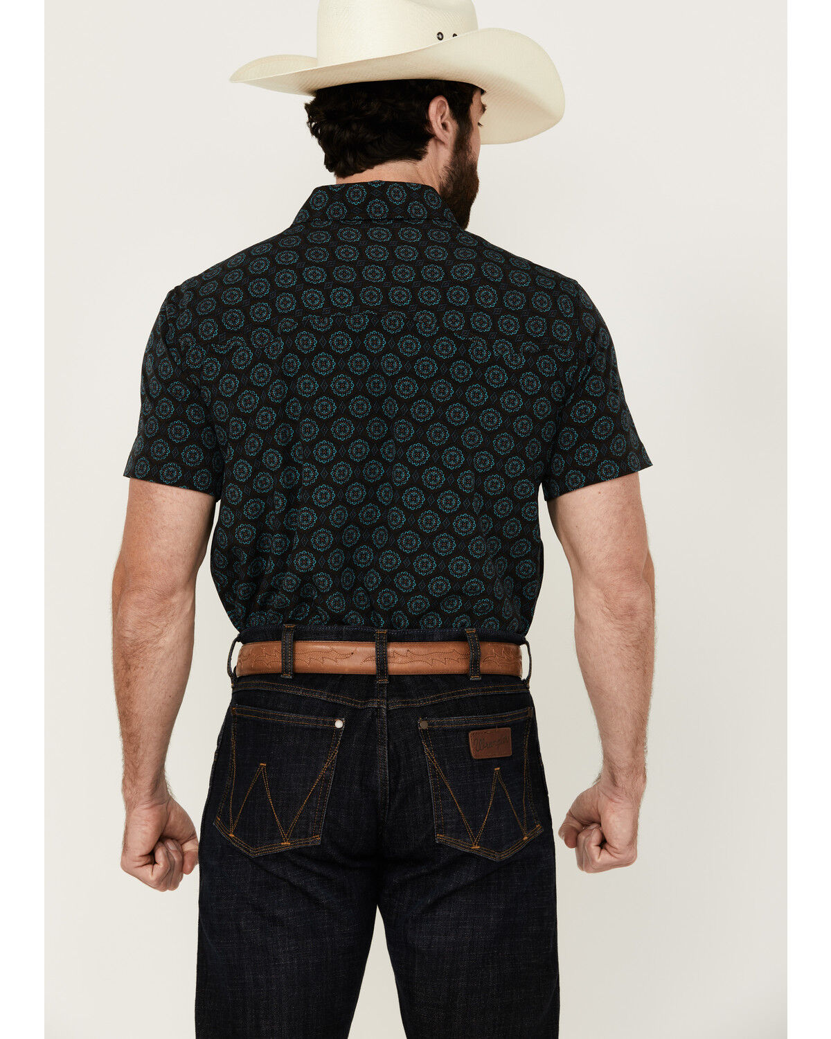 Image #4 - Panhandle Men's Medallion Print Short Sleeve Snap Stretch Western Shirt, Turquoise, hi-res