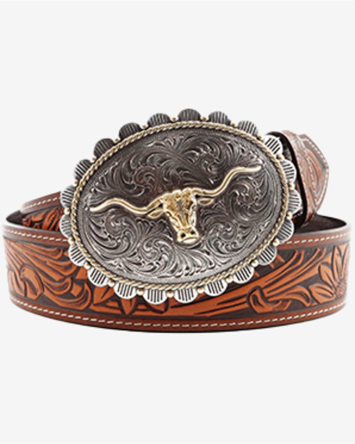 Shyanne Women's Tooled Longhorn Buckle Belt, Brown, hi-res