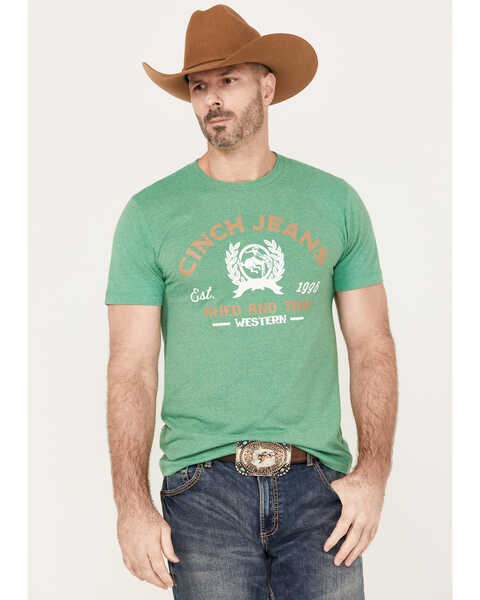 Image #1 - Cinch Men's Jeans Tried And True Short Sleeve Graphic T-Shirt, Heather Green, hi-res