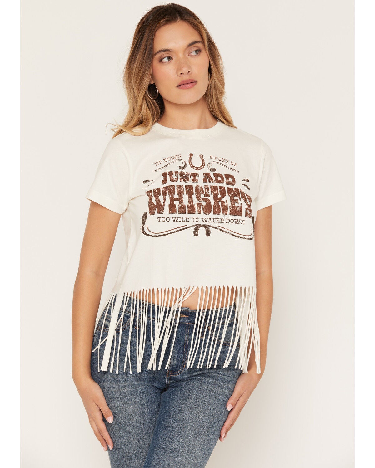 Shyanne Women's Whiskey Fringe Hem Short Sleeve Cropped Graphic Tee, White, hi-res