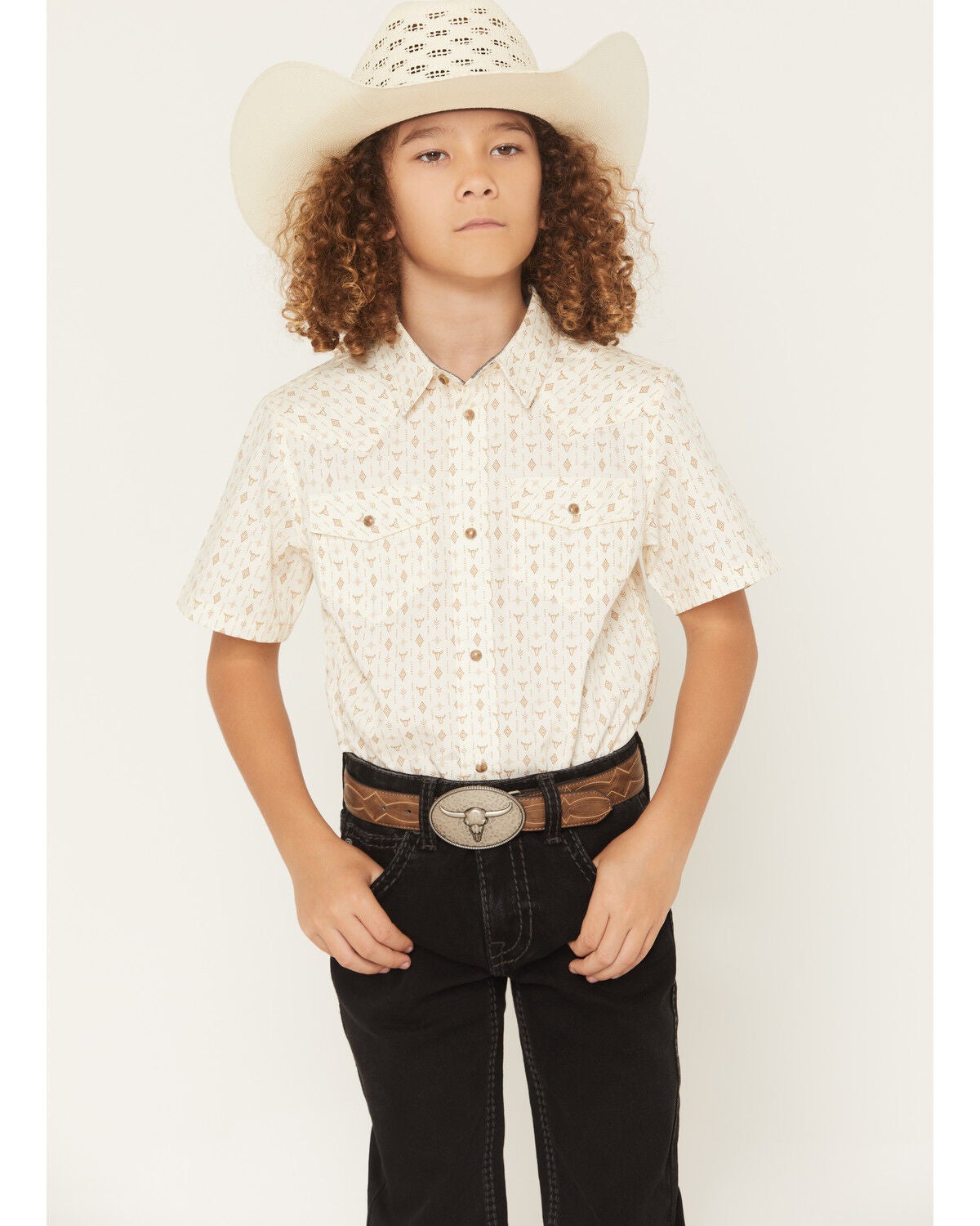 Cody James Boys' Jace Southwestern Print Short Sleeve Snap Western Shirt, Blue, hi-res